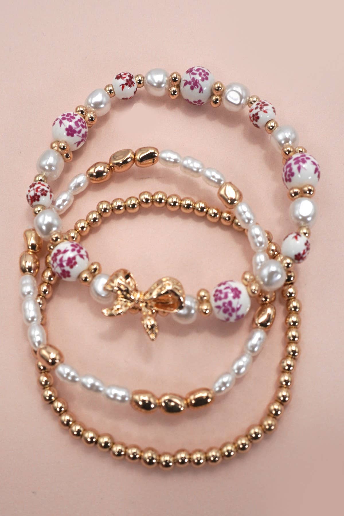 Porcelain Gold & Pink Bow Bracelet Set