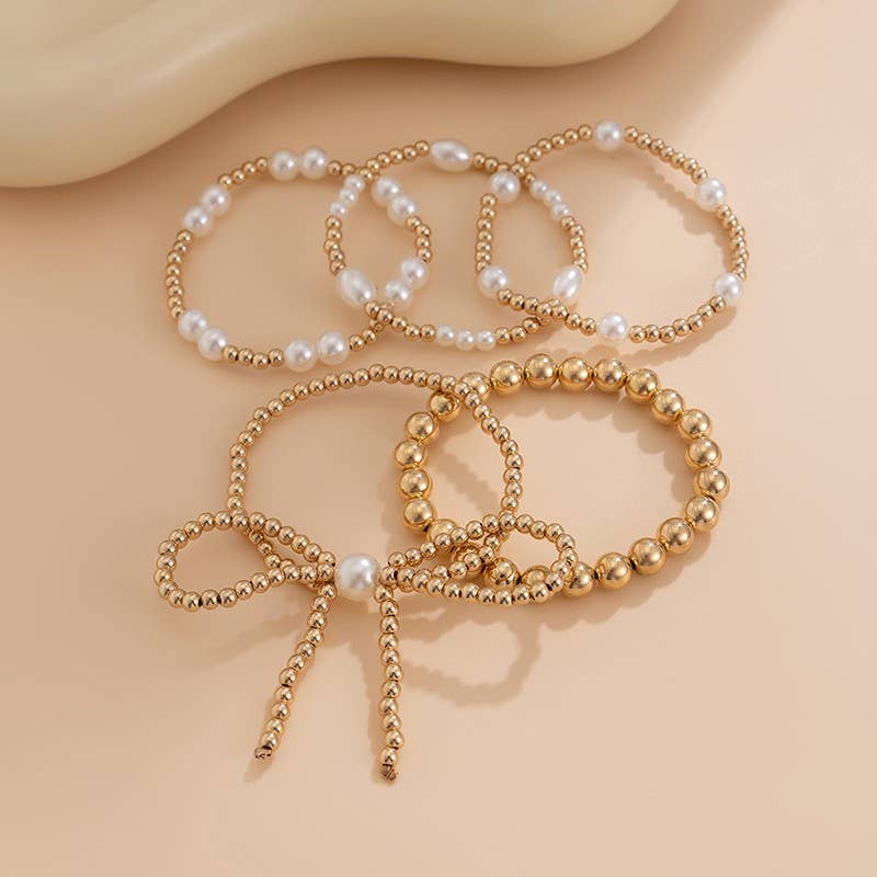 Bow & Pearl Beaded Bracelet Set