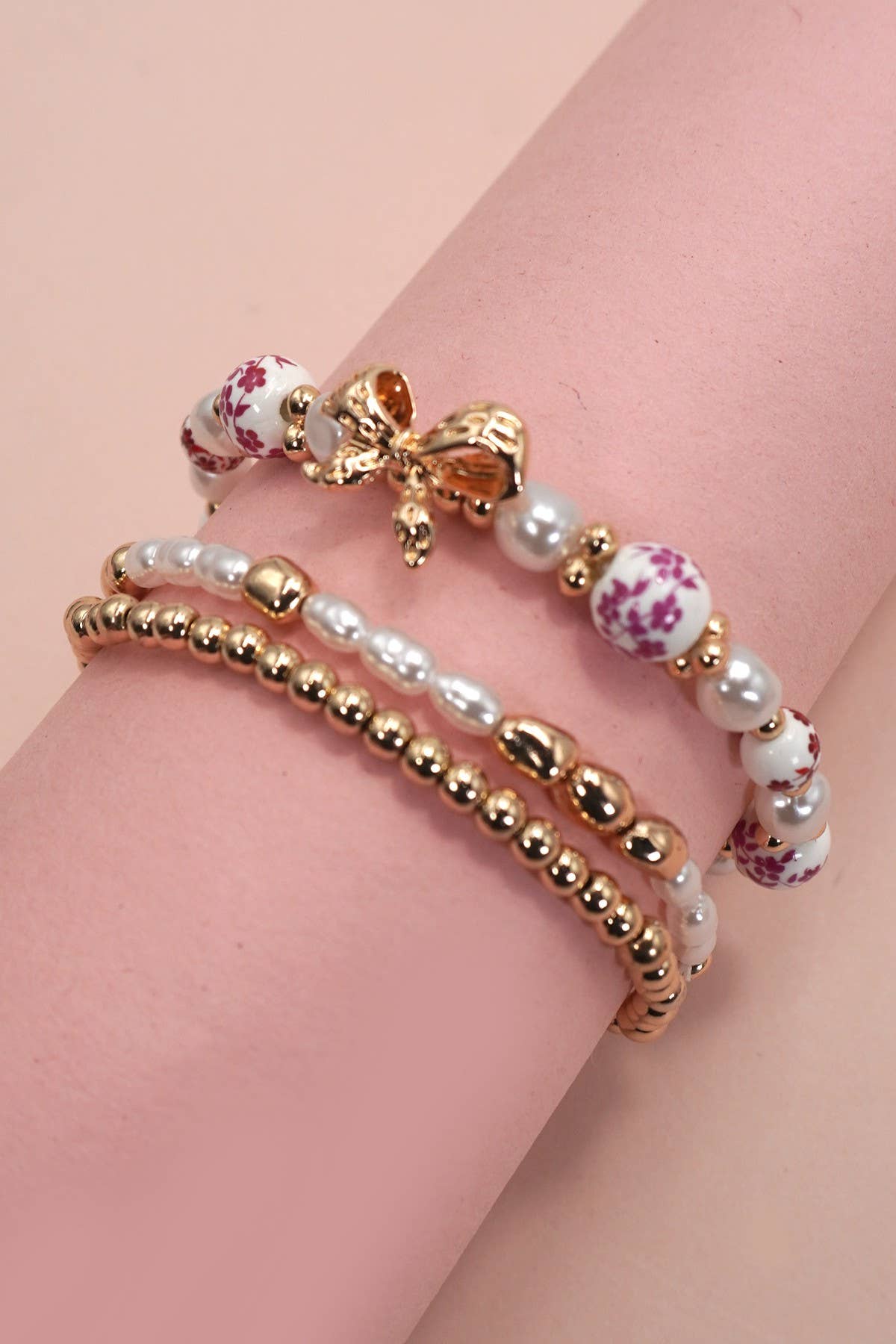 Porcelain Gold & Pink Bow Bracelet Set