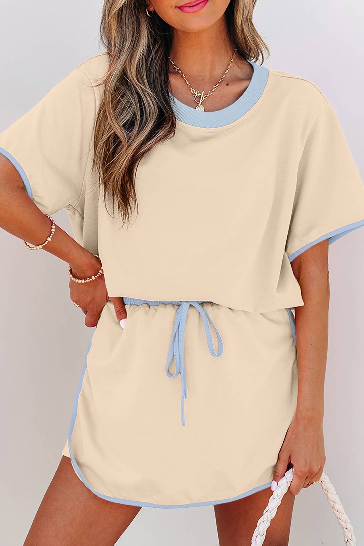 LDC Colorblock Edge Drop Shoulder T Shirt and Skirt 2Pcs Set: Turquoise / L