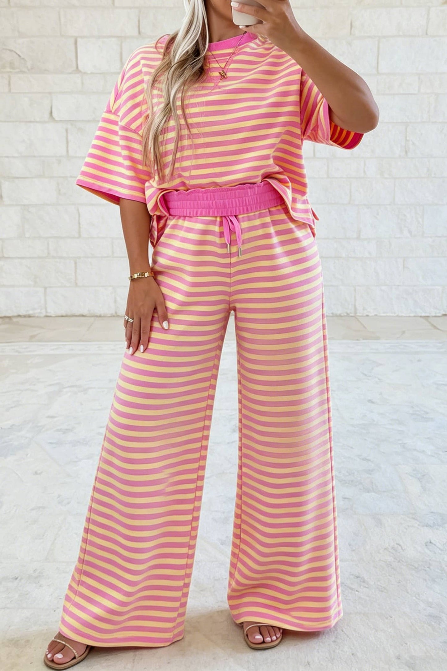 LDC Stripe Drop Shoulder Boxy Casual Terry Short Set: Rose Stripe / S