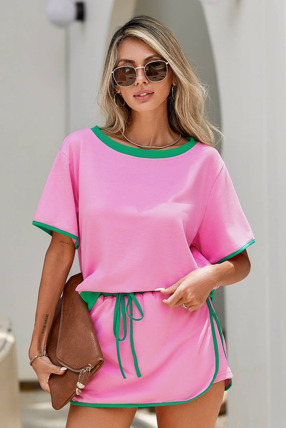 LDC Colorblock Edge Drop Shoulder T Shirt and Skirt 2Pcs Set: Turquoise / XL