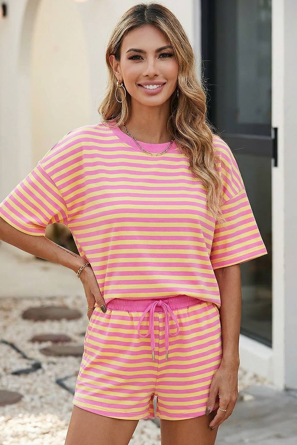 LDC Stripe Drop Shoulder Boxy Casual Terry Short Set: Rose Stripe / S