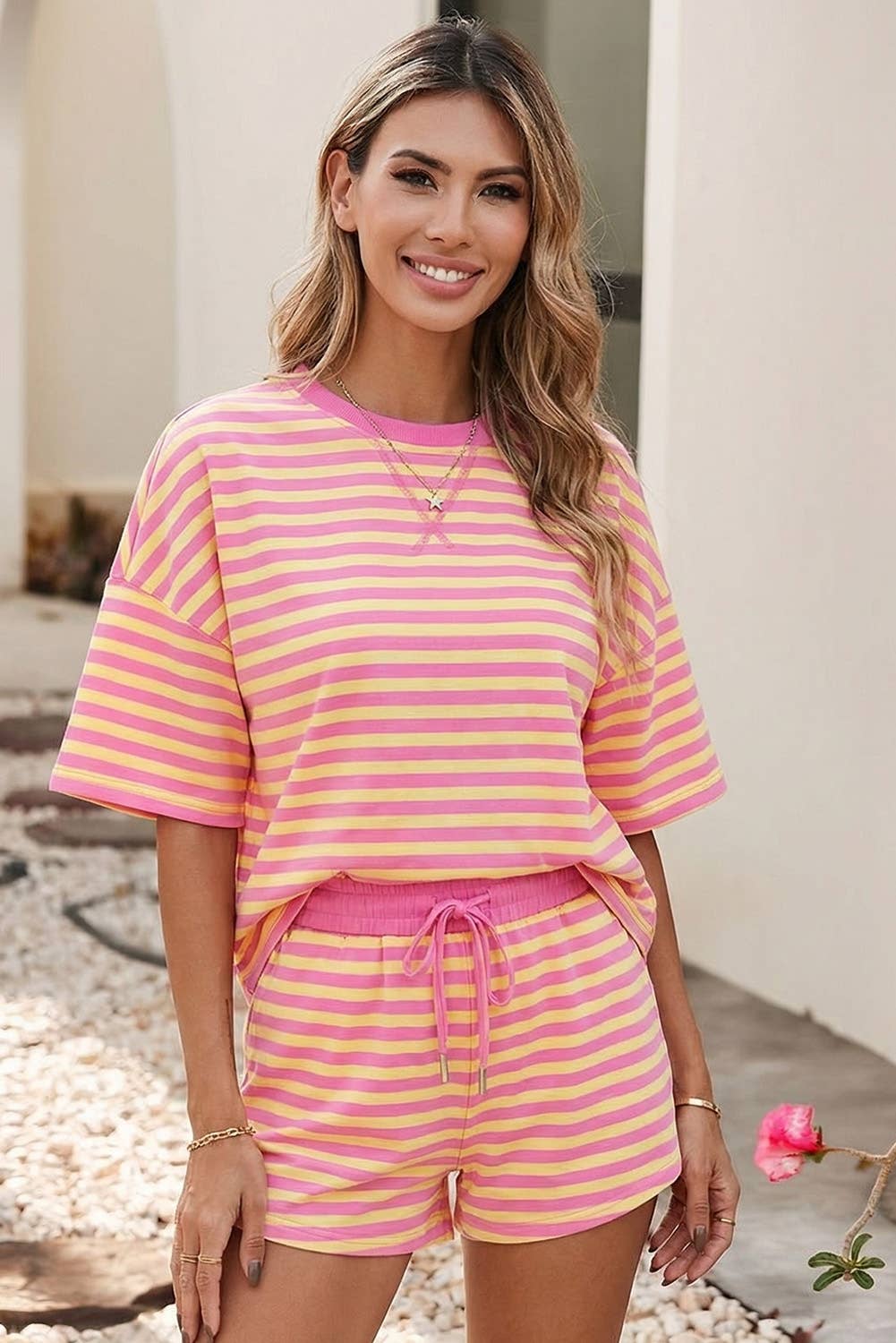 LDC Stripe Drop Shoulder Boxy Casual Terry Short Set: Rose Stripe / S