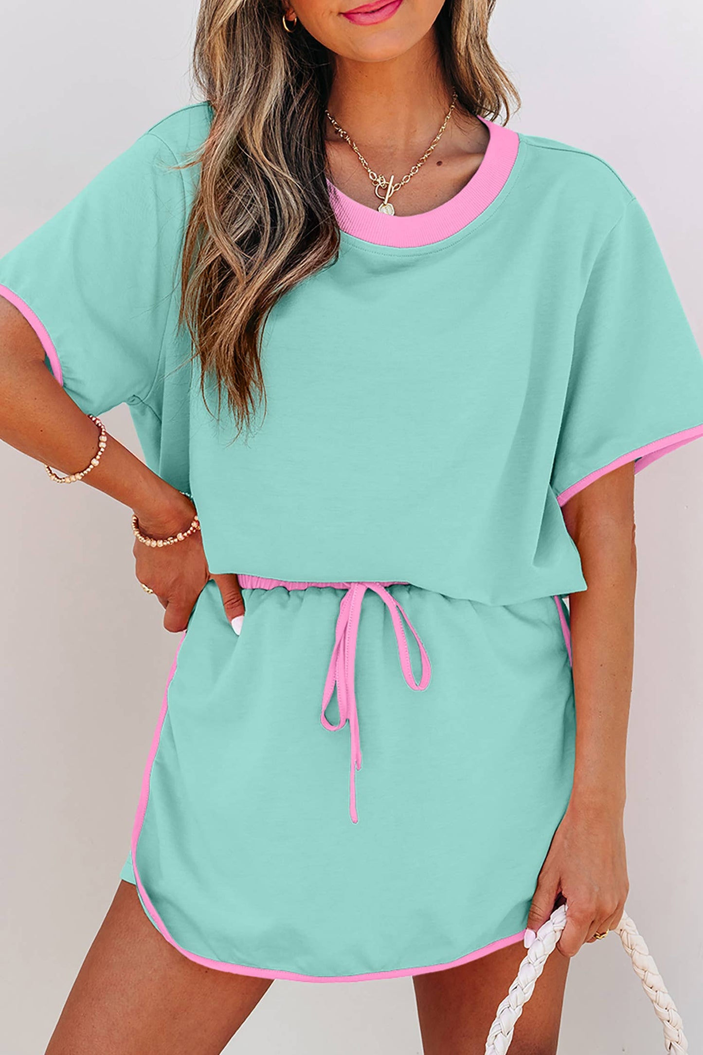 LDC Colorblock Edge Drop Shoulder T Shirt and Skirt 2Pcs Set: Turquoise / XL