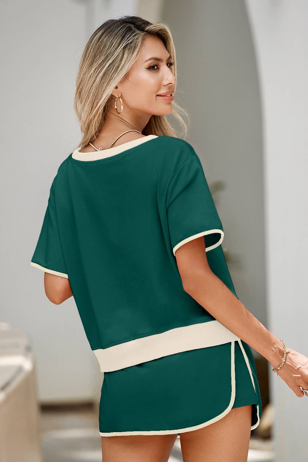 LDC Colorblock Edge Drop Shoulder T Shirt and Skirt 2Pcs Set: Turquoise / XL