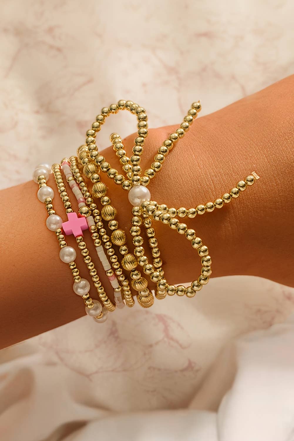 Pearls & Pink Bows Bracelet Set