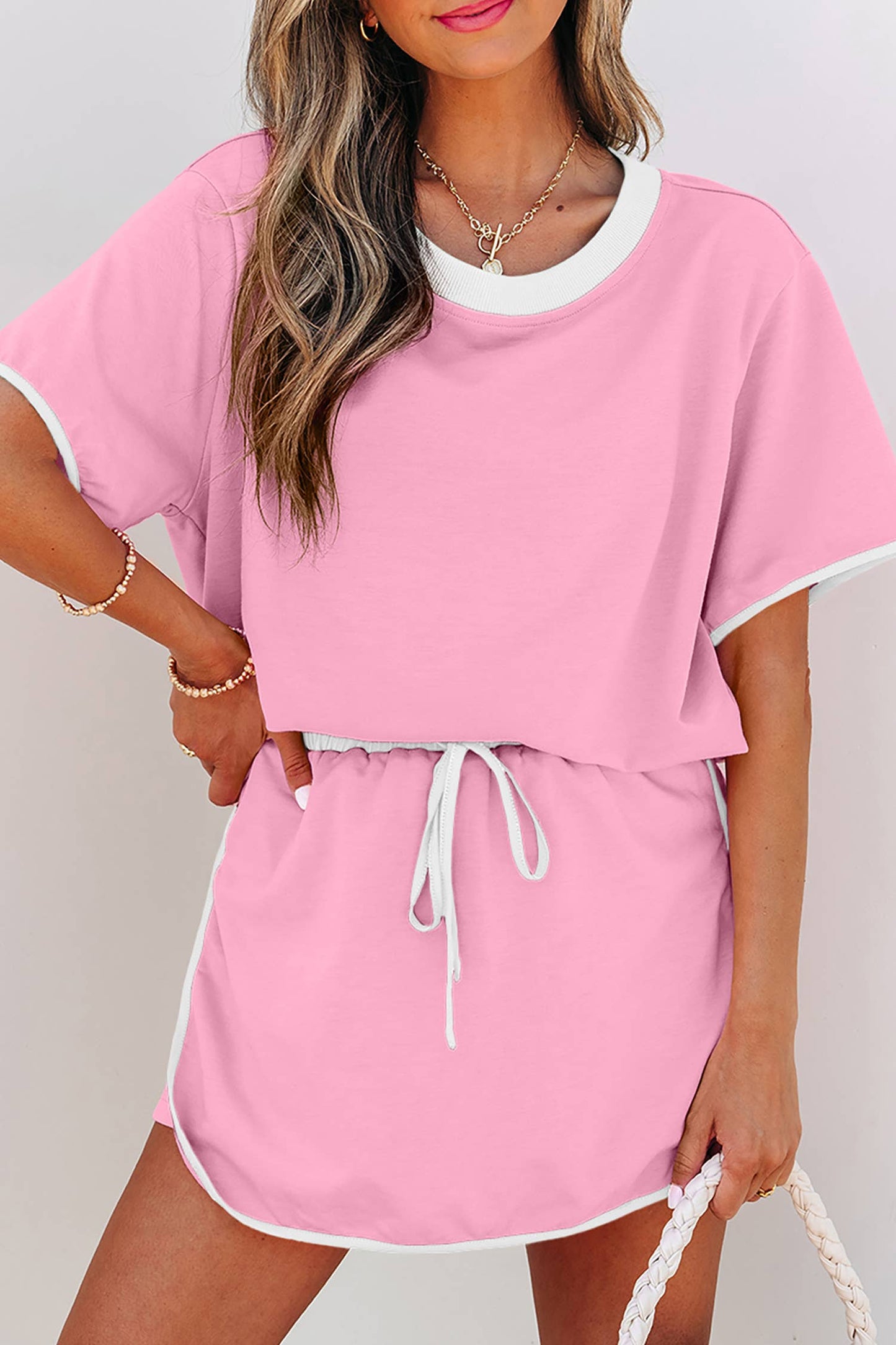 LDC Colorblock Edge Drop Shoulder T Shirt and Skirt 2Pcs Set: Turquoise / XL