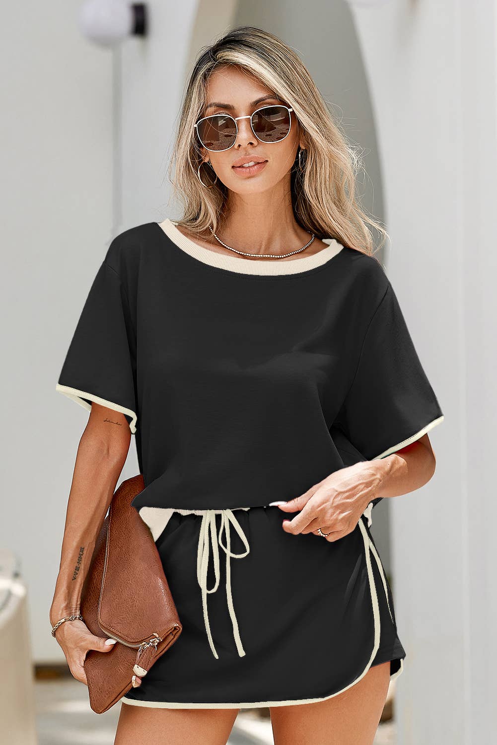LDC Colorblock Edge Drop Shoulder T Shirt and Skirt 2Pcs Set: Turquoise / XL