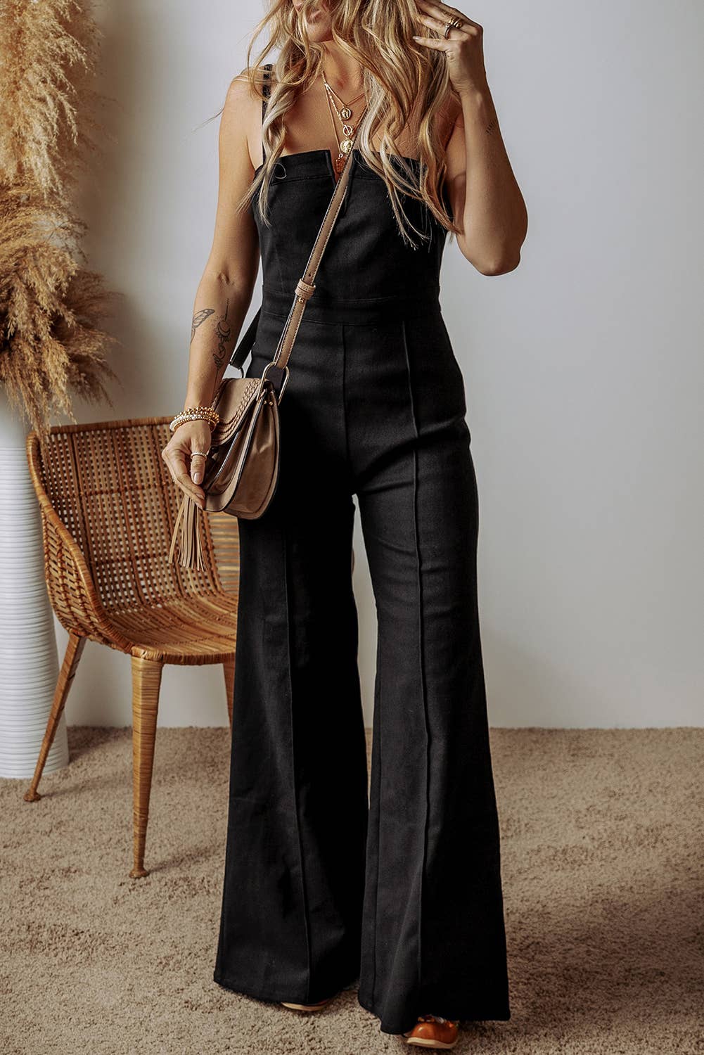 Black Flared Denim Jumpsuit