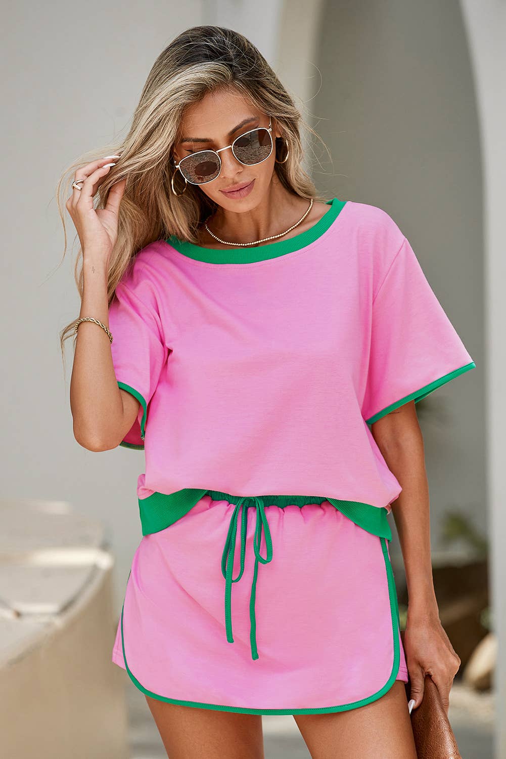 LDC Colorblock Edge Drop Shoulder T Shirt and Skirt 2Pcs Set: Turquoise / XL