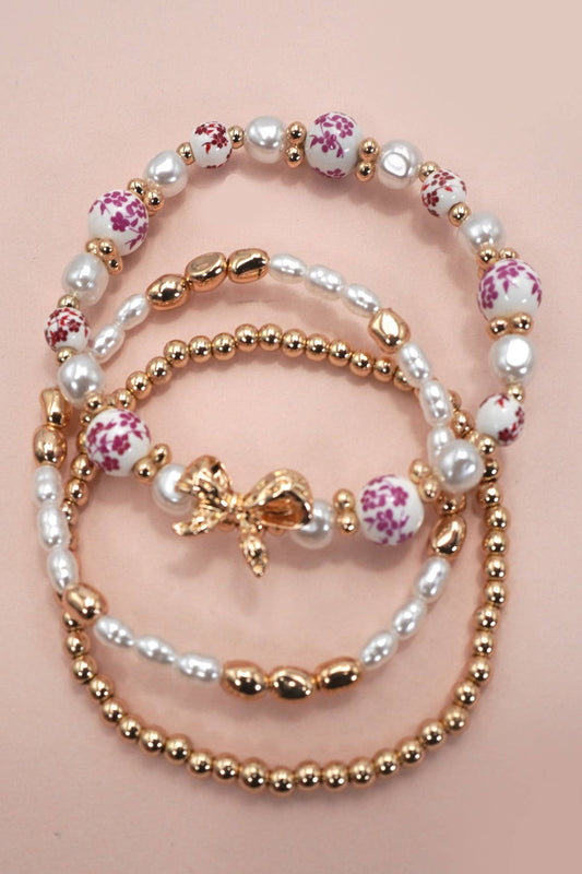 Porcelain Gold & Pink Bow Bracelet Set
