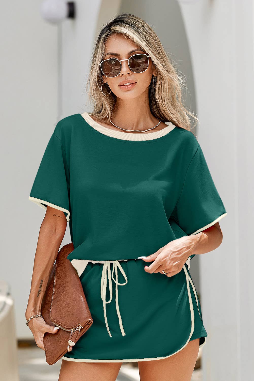 LDC Colorblock Edge Drop Shoulder T Shirt and Skirt 2Pcs Set: Turquoise / XL