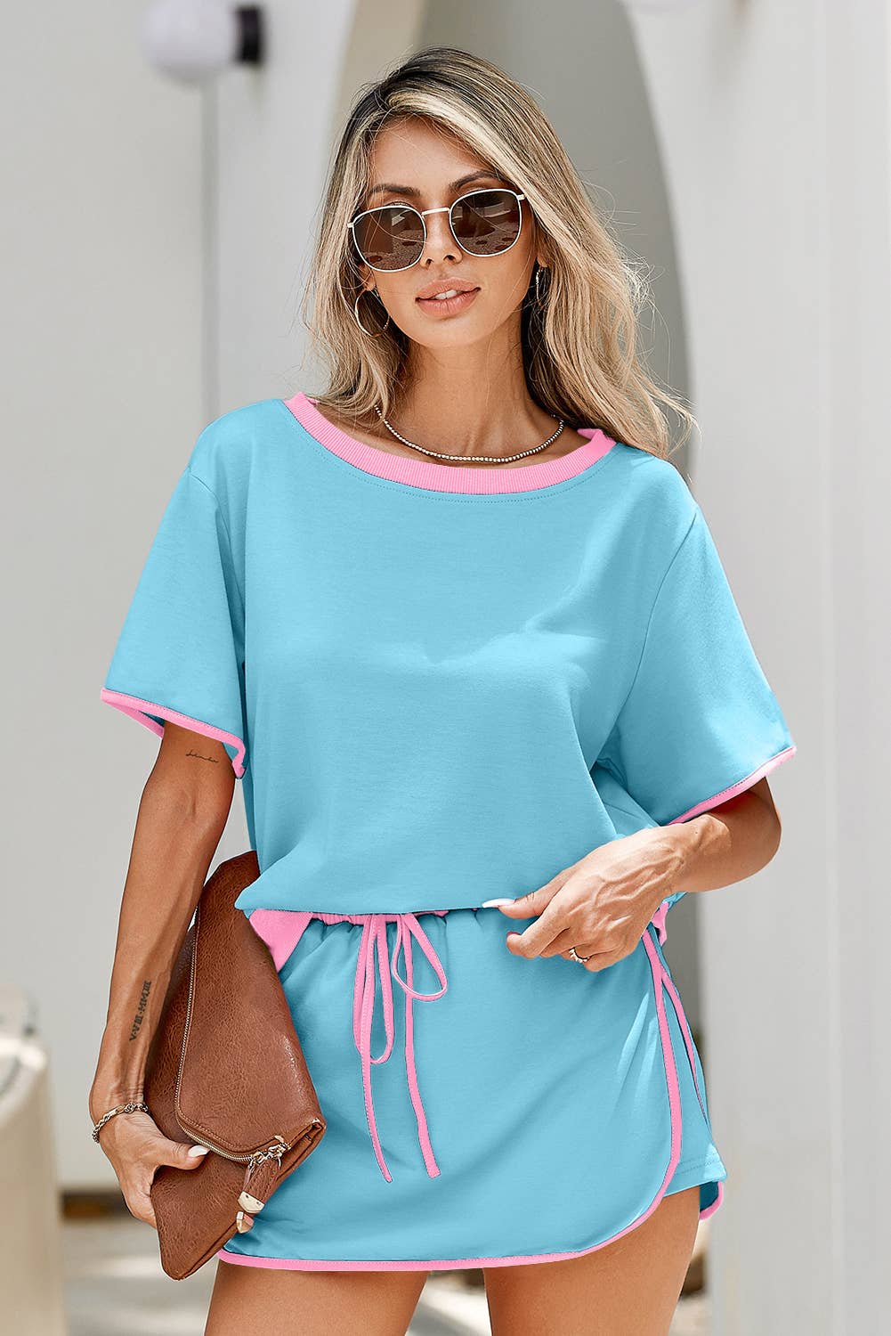 LDC Colorblock Edge Drop Shoulder T Shirt and Skirt 2Pcs Set: Turquoise / XL
