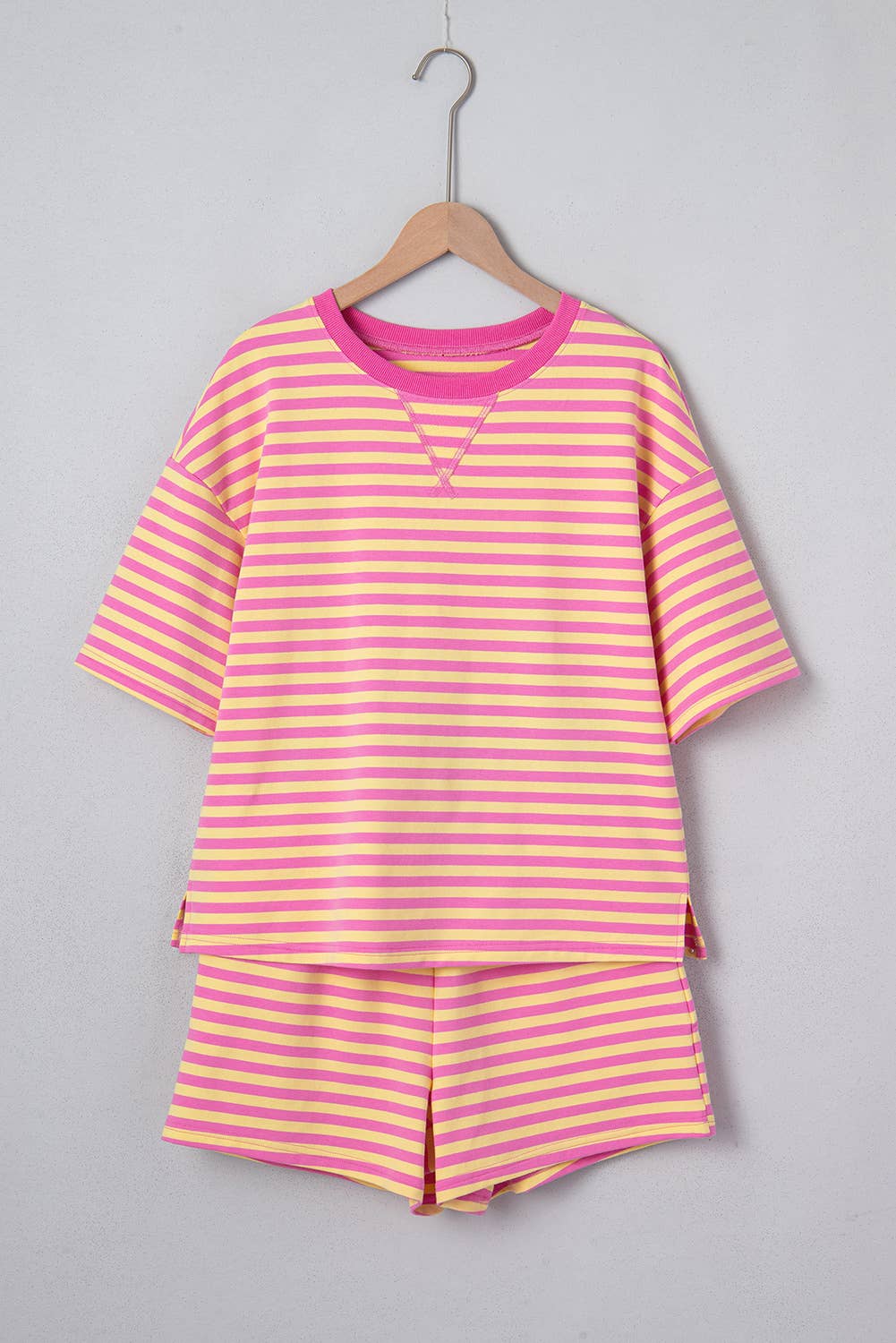 LDC Stripe Drop Shoulder Boxy Casual Terry Short Set: Rose Stripe / XL