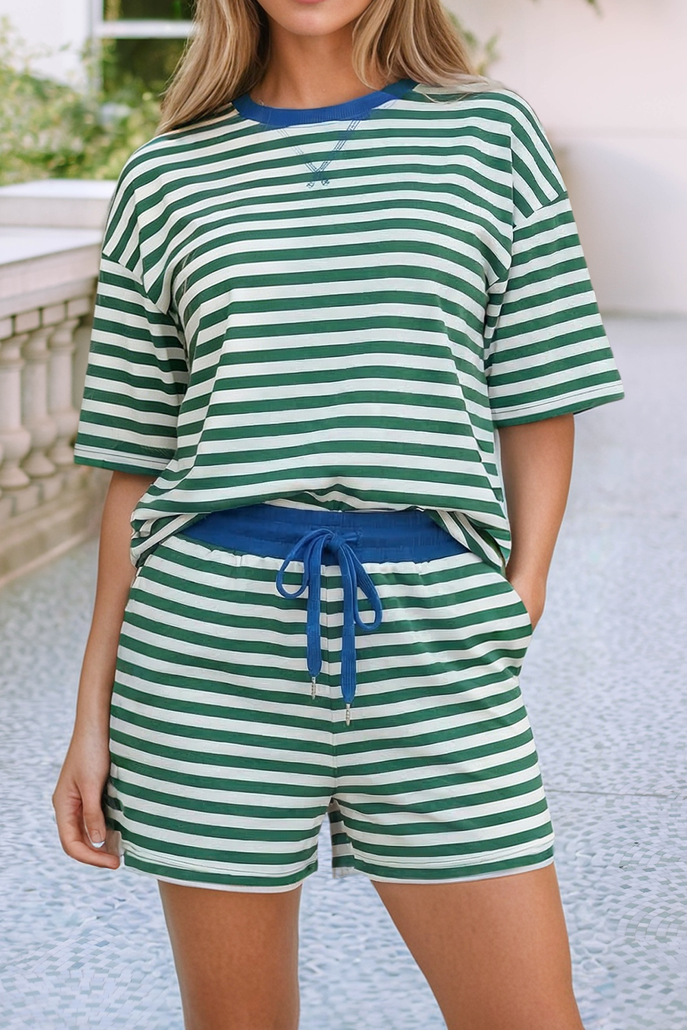 LDC Stripe Drop Shoulder Boxy Casual Terry Short Set: Rose Stripe / S
